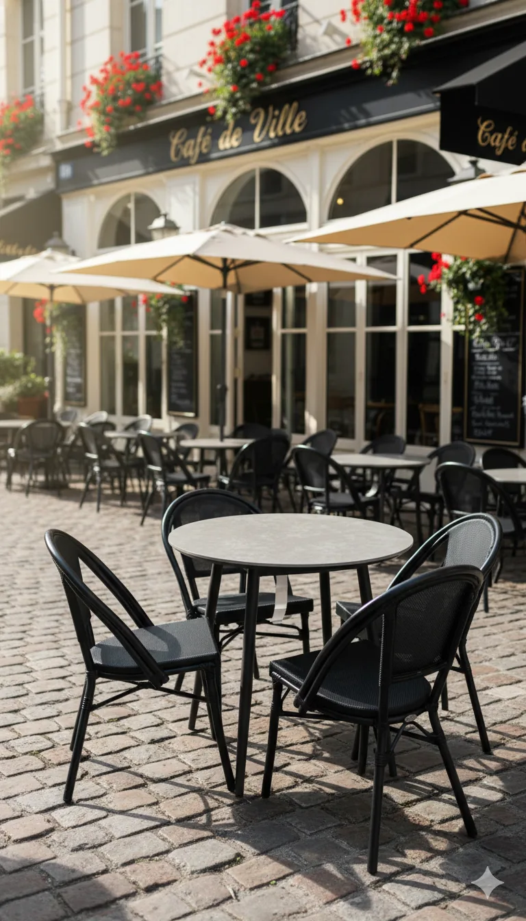 Sillas de aluminio en terraza de café urbano exterior
